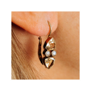 925 STERLING SILVER GOLD PLATED HELIODOR & PEARLS EARRINGS