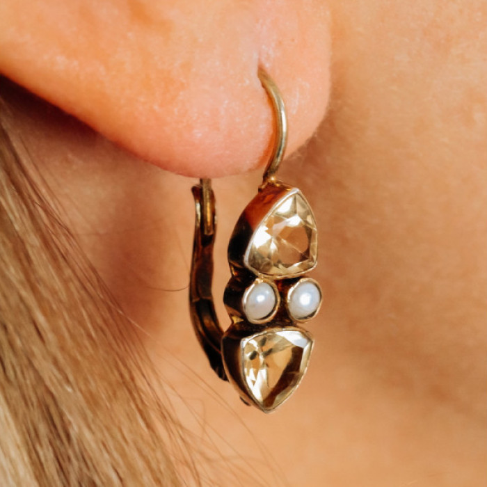 925 Sterling Silver Gold Plated Heliodor & Pearls Earrings
