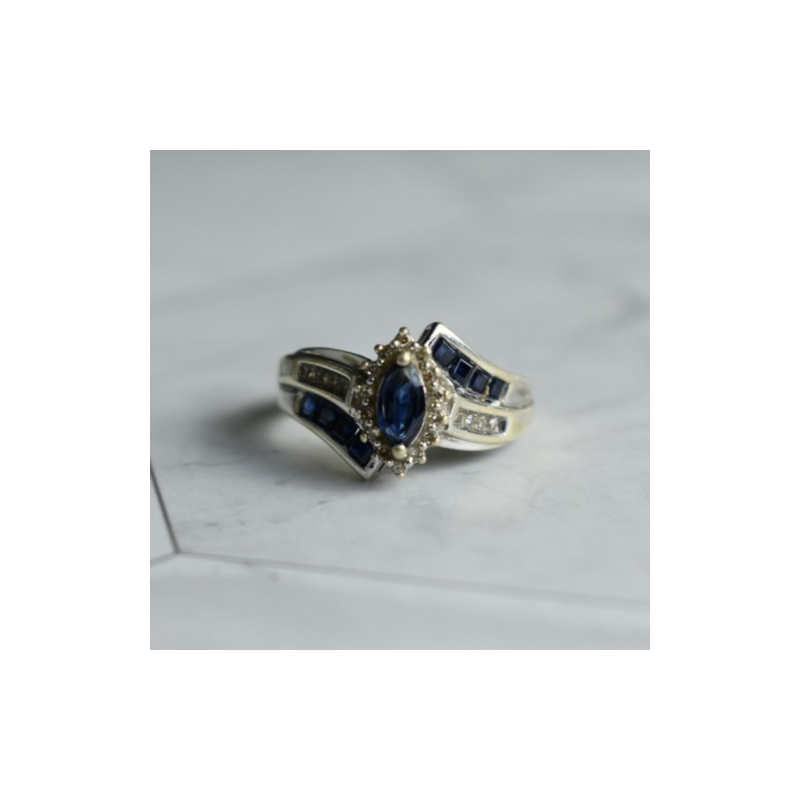 925 Sterling Silver Blue & White Sapphires Ring Size 6.5