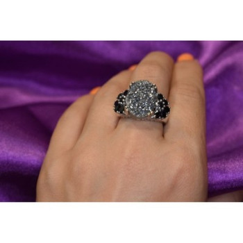 925 Sterling Silver Pyrite & Black Agate Ring Size 8