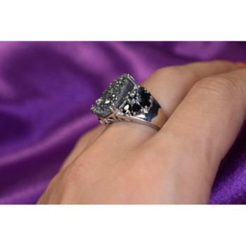 925 Sterling Silver Pyrite & Black Agate Ring Size 8