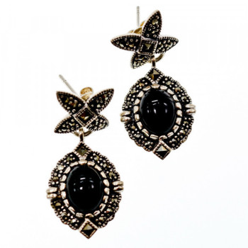 Vintage 925 Sterling Silver Onyx & Marcasites Earrings