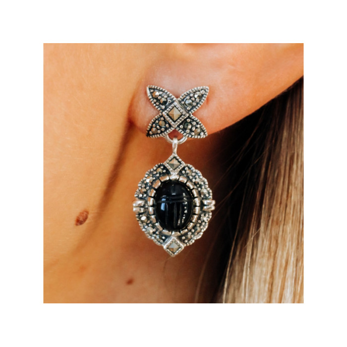 Vintage 925 Sterling Silver Onyx & Marcasites Earrings