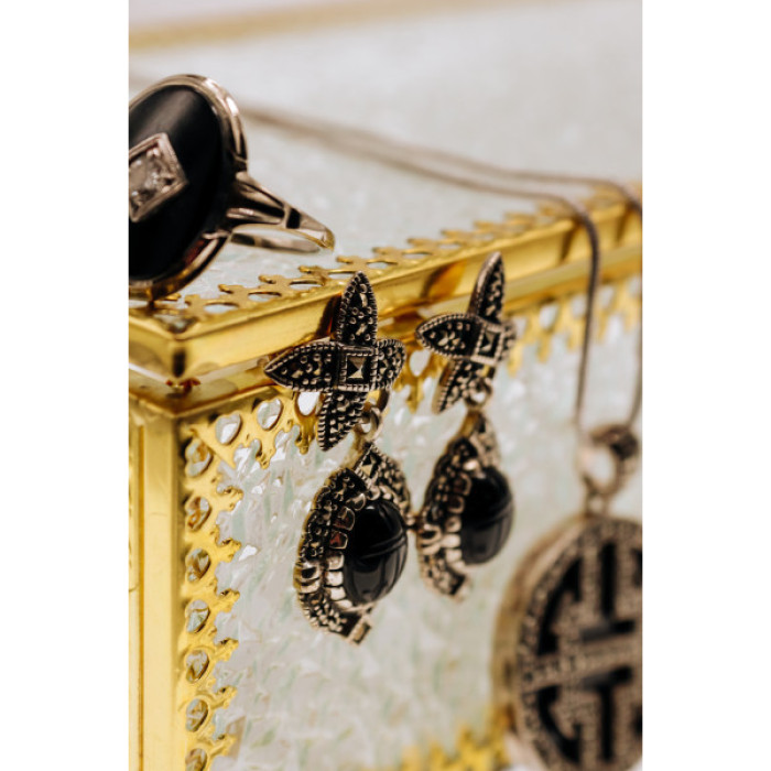 Vintage 925 Sterling Silver Onyx & Marcasites Earrings