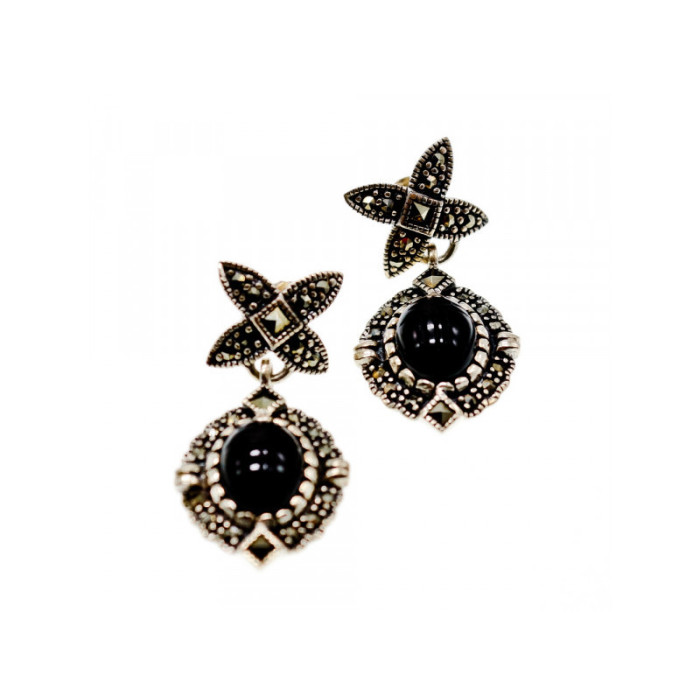 Vintage 925 Sterling Silver Onyx & Marcasites Earrings