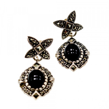 Vintage 925 Sterling Silver Onyx & Marcasites Earrings
