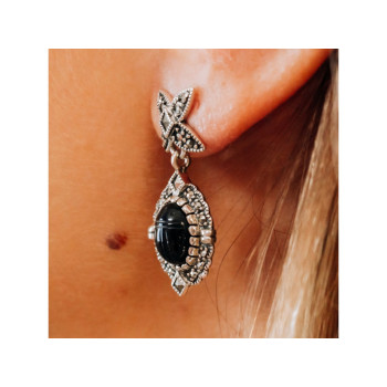 Vintage 925 Sterling Silver Onyx & Marcasites Earrings