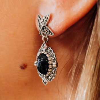 Vintage 925 Sterling Silver Onyx & Marcasites Earrings