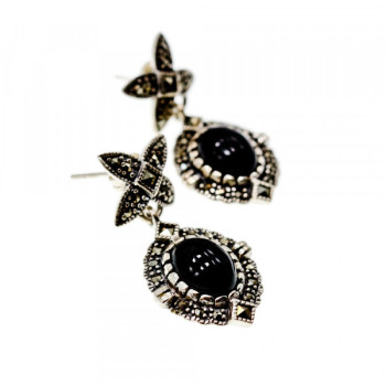 Vintage 925 Sterling Silver Onyx & Marcasites Earrings