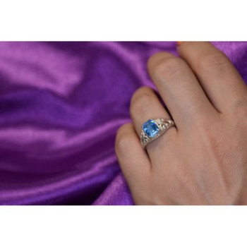 925 Sterling Silver Blue Topaz Openwork Ring Size 6.5