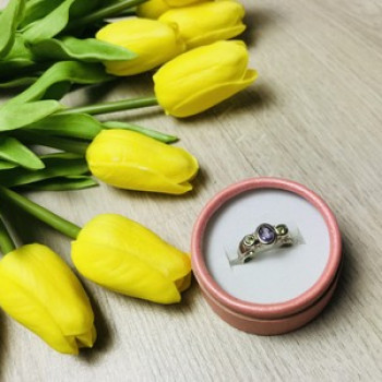 925 Sterling Silver Purple Tourmaline & Peridot Ring Size 8