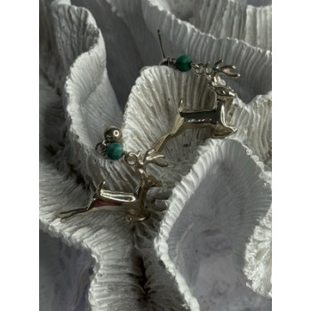 925 Sterling Silver Malachite Deer Earrings Length 1.40 Inch