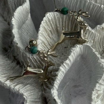 925 Sterling Silver Malachite Deer Earrings Length 1.40 Inch