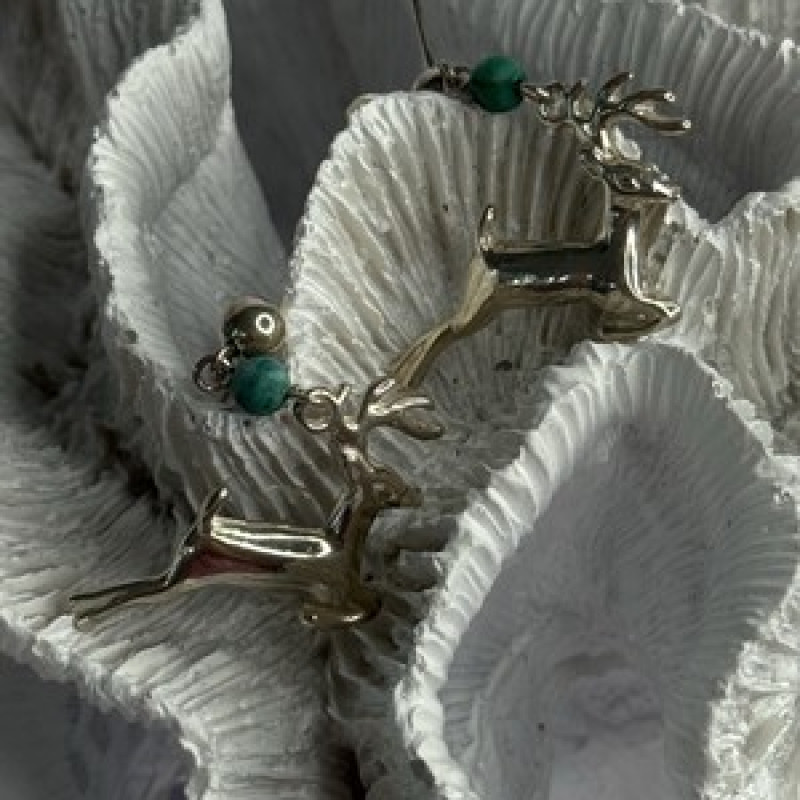 925 Sterling Silver Malachite Deer Earrings Length 1.40 Inch