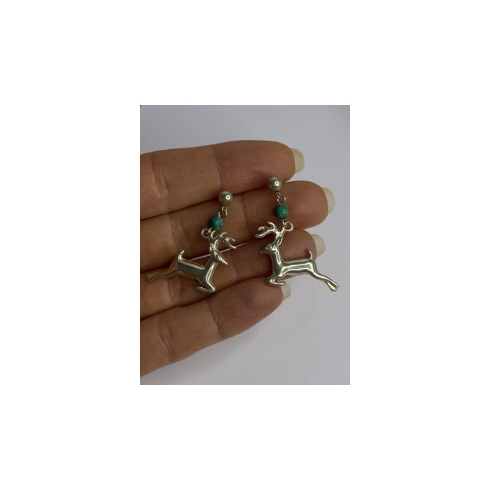 925 Sterling Silver Malachite Deer Earrings Length 1.40 Inch