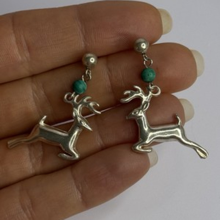 925 Sterling Silver Malachite Deer Earrings Length 1.40 Inch