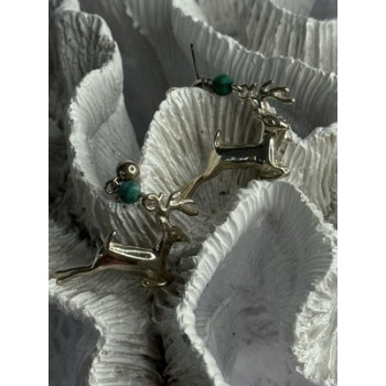 925 Sterling Silver Malachite Deer Earrings Length 1.40 Inch