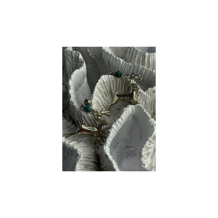 925 Sterling Silver Malachite Deer Earrings Length 1.40 Inch
