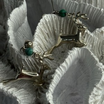 925 Sterling Silver Malachite Deer Earrings Length 1.40 Inch
