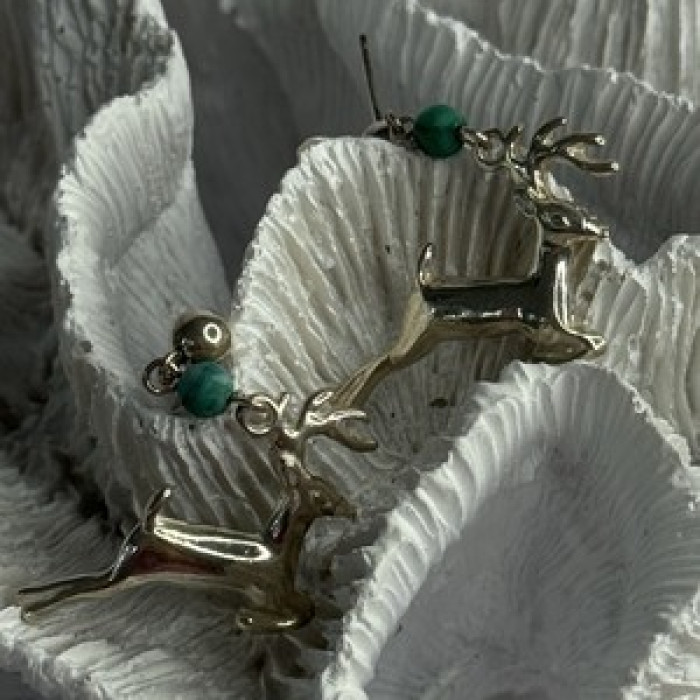 925 Sterling Silver Malachite Deer Earrings Length 1.40 Inch