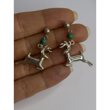 925 Sterling Silver Malachite Deer Earrings Length 1.40 Inch