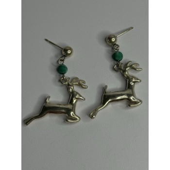 925 Sterling Silver Malachite Deer Earrings Length 1.40 Inch
