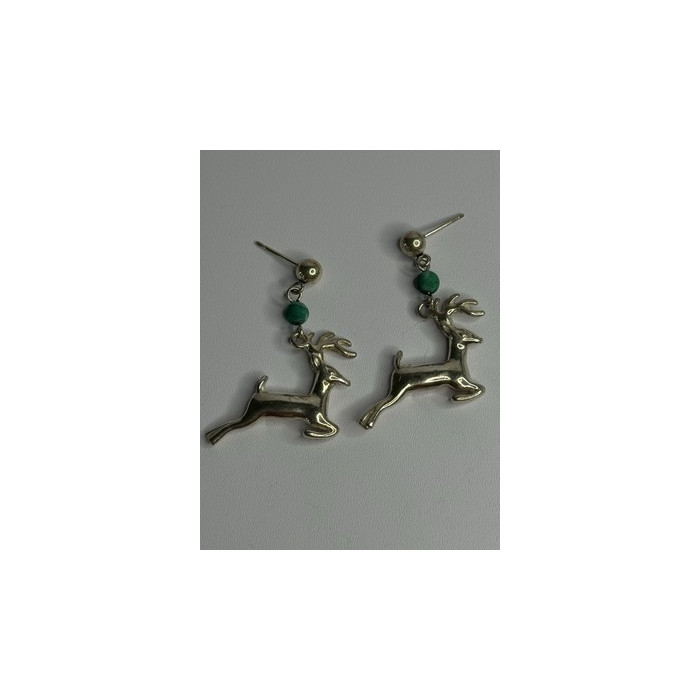 925 Sterling Silver Malachite Deer Earrings Length 1.40 Inch