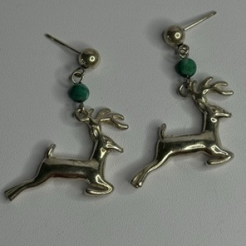 925 Sterling Silver Malachite Deer Earrings Length 1.40 Inch