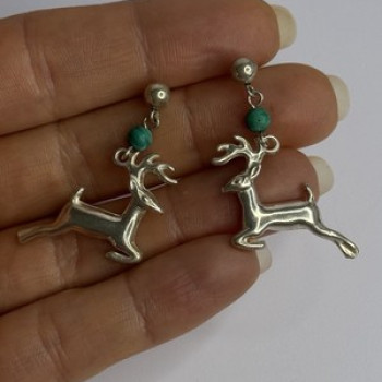 925 Sterling Silver Malachite Deer Earrings Length 1.40 Inch