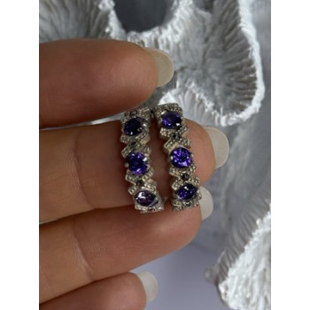 925 Sterling Silver Amethyst & Marcasite Earrings Length 0.80 Inch