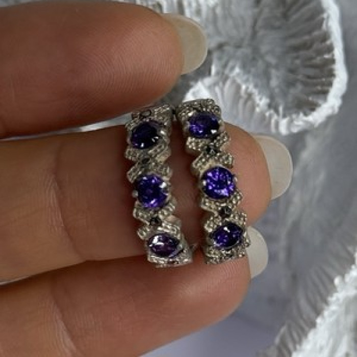 925 Sterling Silver Amethyst & Marcasite Earrings Length 0.80 Inch