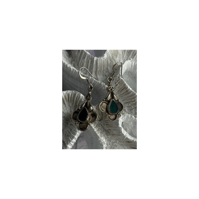 Vintage 925 Sterling Silver Malachite Earrings Length 1.70 Inch