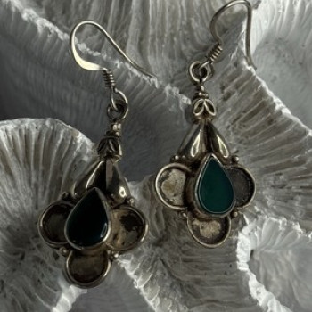 Vintage 925 Sterling Silver Malachite Earrings Length 1.70 Inch