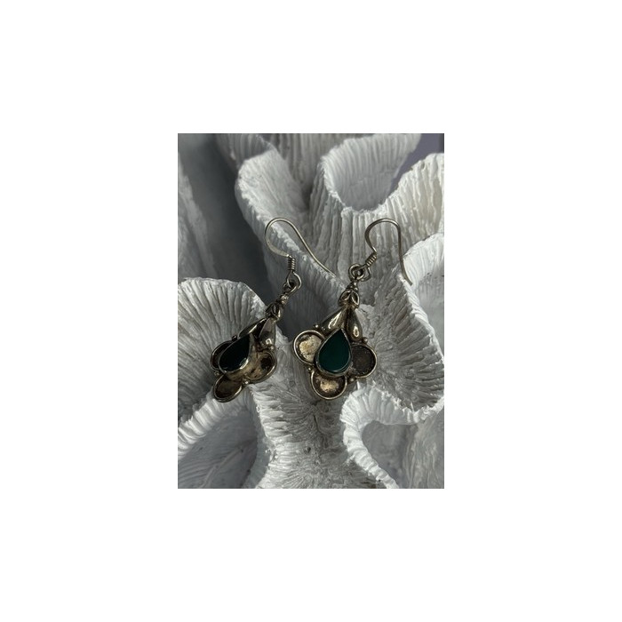 Vintage 925 Sterling Silver Malachite Earrings Length 1.70 Inch