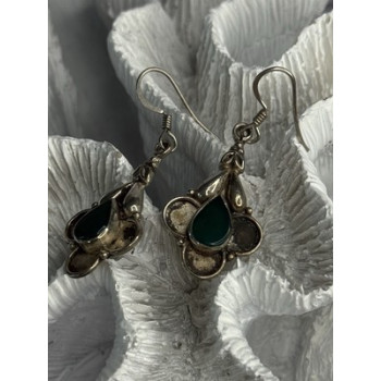 Vintage 925 Sterling Silver Malachite Earrings Length 1.70 Inch