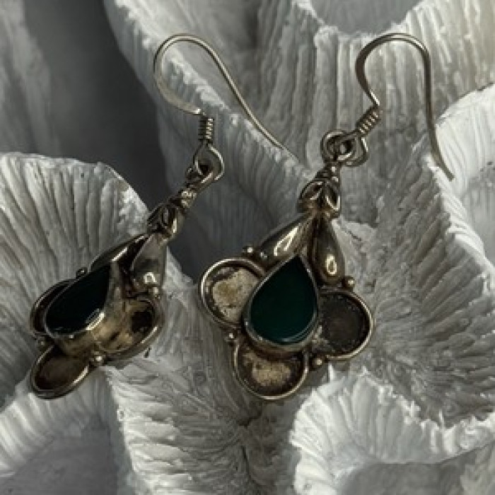 Vintage 925 Sterling Silver Malachite Earrings Length 1.70 Inch