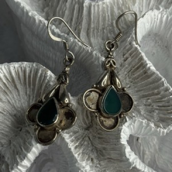Vintage 925 Sterling Silver Malachite Earrings Length 1.70 Inch