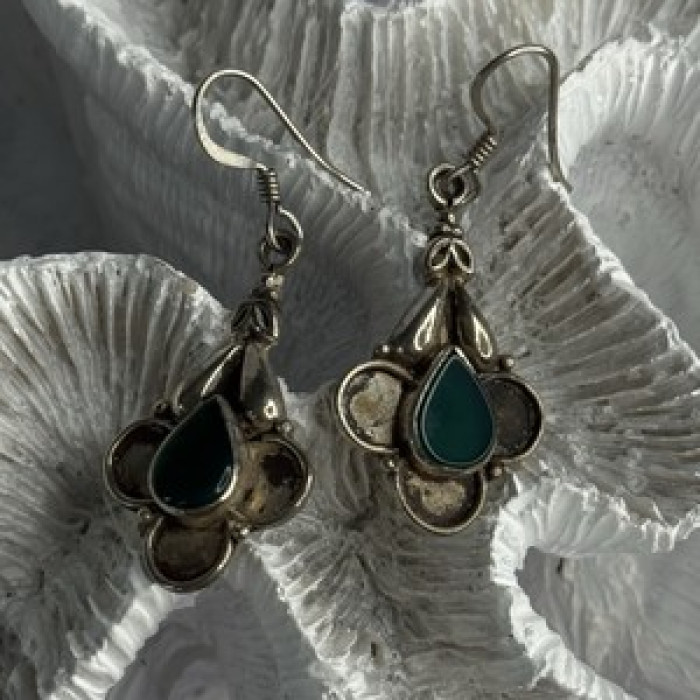 Vintage 925 Sterling Silver Malachite Earrings Length 1.70 Inch