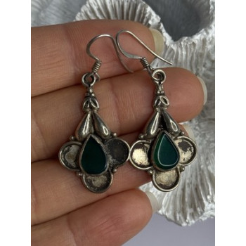 Vintage 925 Sterling Silver Malachite Earrings Length 1.70 Inch