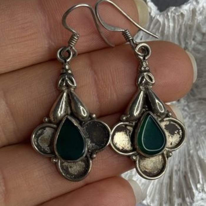 Vintage 925 Sterling Silver Malachite Earrings Length 1.70 Inch