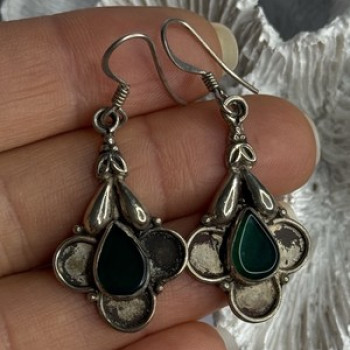 Vintage 925 Sterling Silver Malachite Earrings Length 1.70 Inch