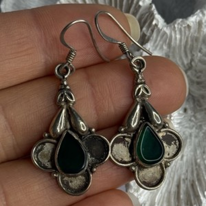 Vintage 925 Sterling Silver Malachite Earrings Length 1.70 Inch