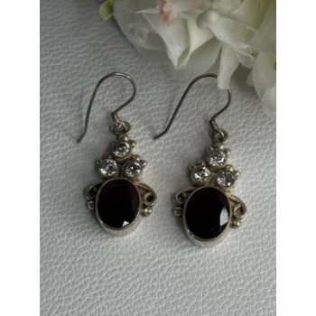 925 Sterling Silver Garnet & CZ Earrings Length 1.70 Inch