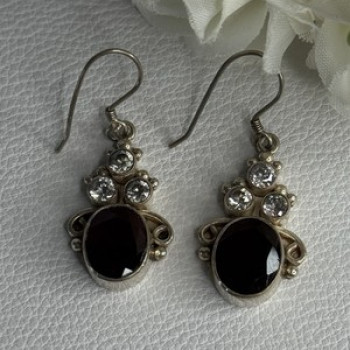 925 Sterling Silver Garnet & CZ Earrings Length 1.70 Inch