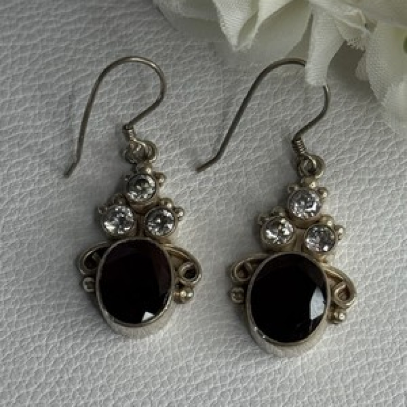 925 Sterling Silver Garnet & CZ Earrings Length 1.70 Inch