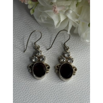 925 Sterling Silver Garnet & CZ Earrings Length 1.70 Inch