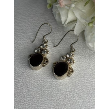 925 Sterling Silver Garnet & CZ Earrings Length 1.70 Inch