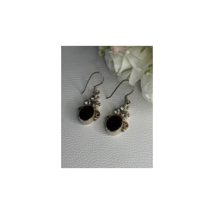 925 Sterling Silver Garnet & CZ Earrings Length 1.70 Inch