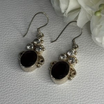 925 Sterling Silver Garnet & CZ Earrings Length 1.70 Inch