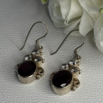 925 Sterling Silver Garnet & CZ Earrings Length 1.70 Inch
